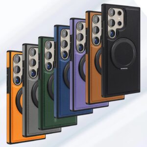 Samsung Galaxy S22 Ultra, S23 Ultra, S24 Ultra and S25 Ultra Luxury Leather Back Cover With Built-in Invisible Rotating Kickstand Magnetic Wireless Charging Case.